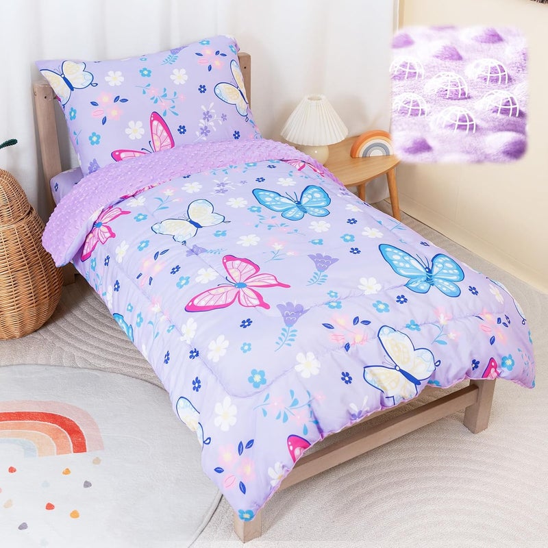 TinyPalsa Butterfly Toddler Bedding Set, 4-Piece Comforter Set for Girls and Boys, Breathable Crib Bedding Includes Ultra-Soft Plush Minky Comforter, Flat and Fitted Sheets, and Reversible Pillowcase - Image 1